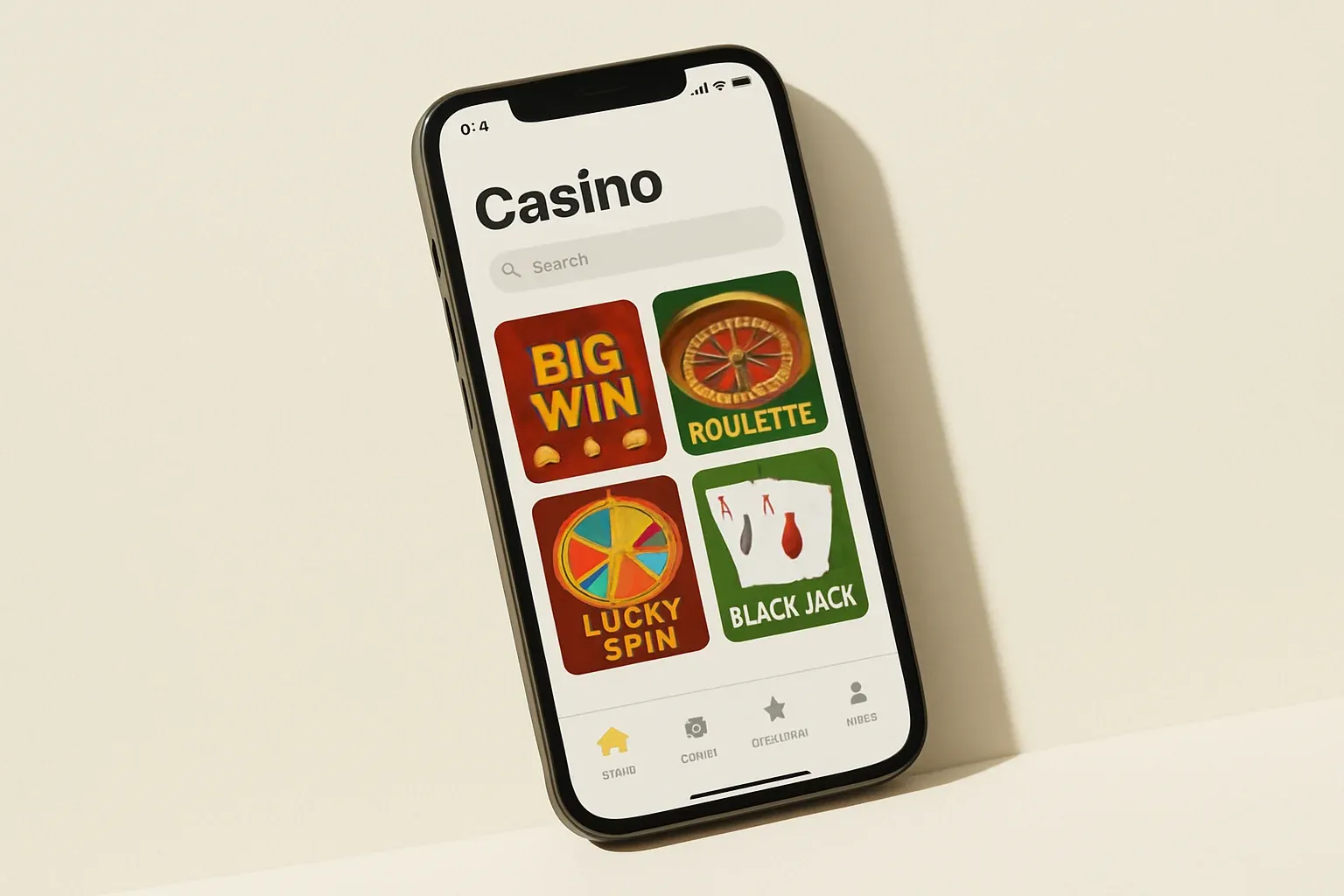 Smartphone angled on cream background showing light casino game interface