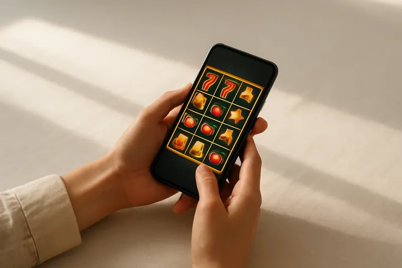 Woman's hands holding smartphone with bright casino game grid on linen