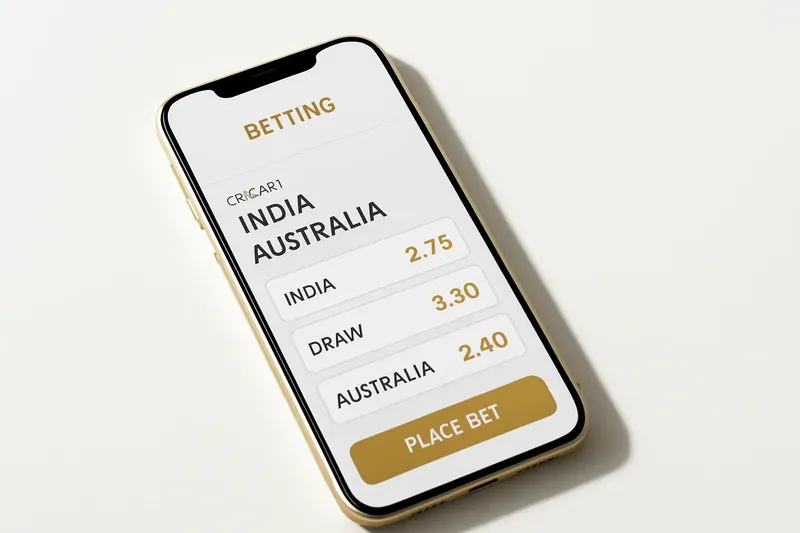 Phone screen showing modern cricket betting odds interface in white and gold