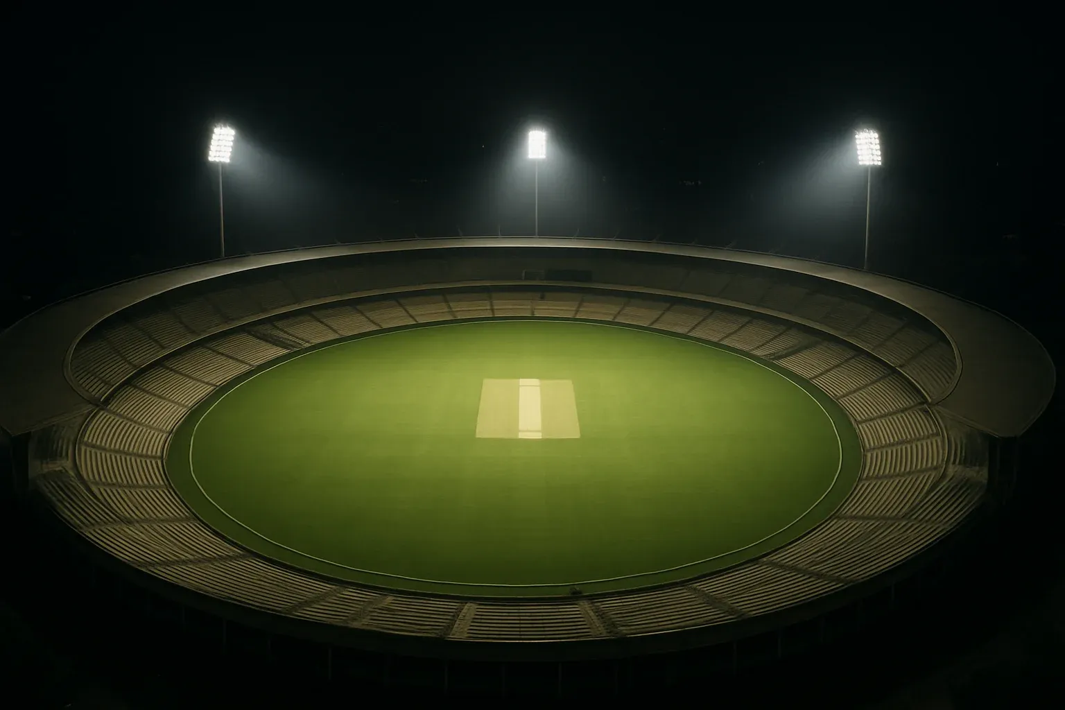 Aerial view of cricket stadium at night with bright floodlights