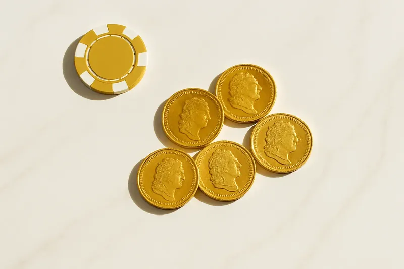 Five gold coins on cream marble with poker chip edge