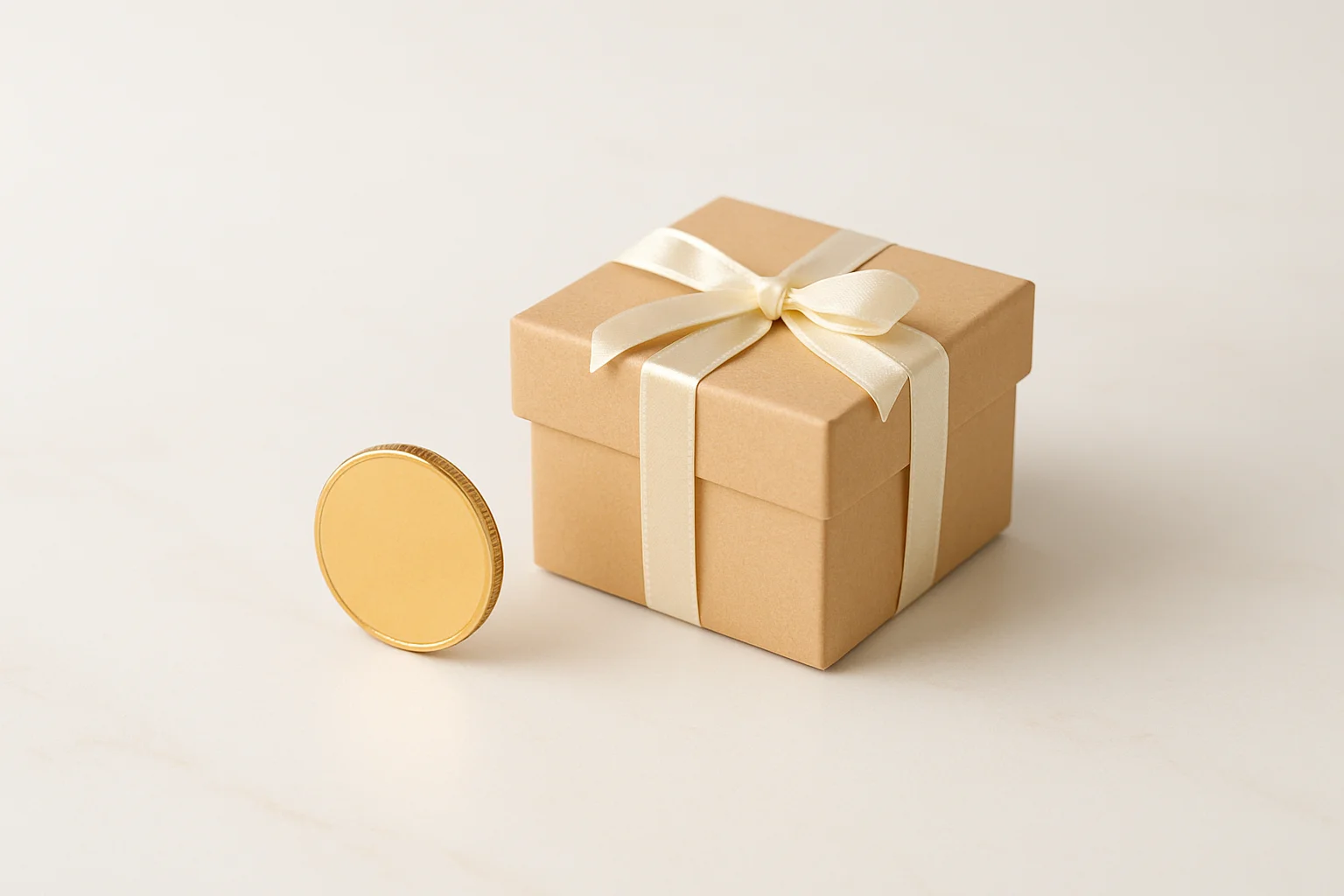 Single gold coin beside small unwrapped gift box on cream marble
