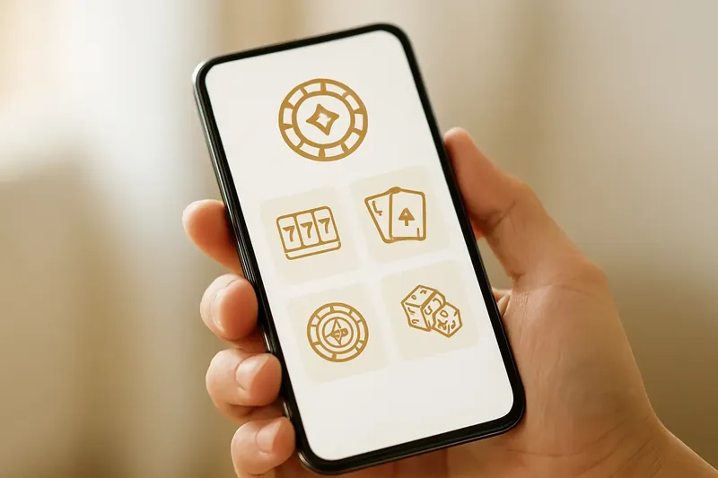 Hand holding smartphone with clean light-themed casino interface in warm lighting