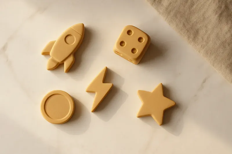 Five 3D instant game symbols on white marble flat lay