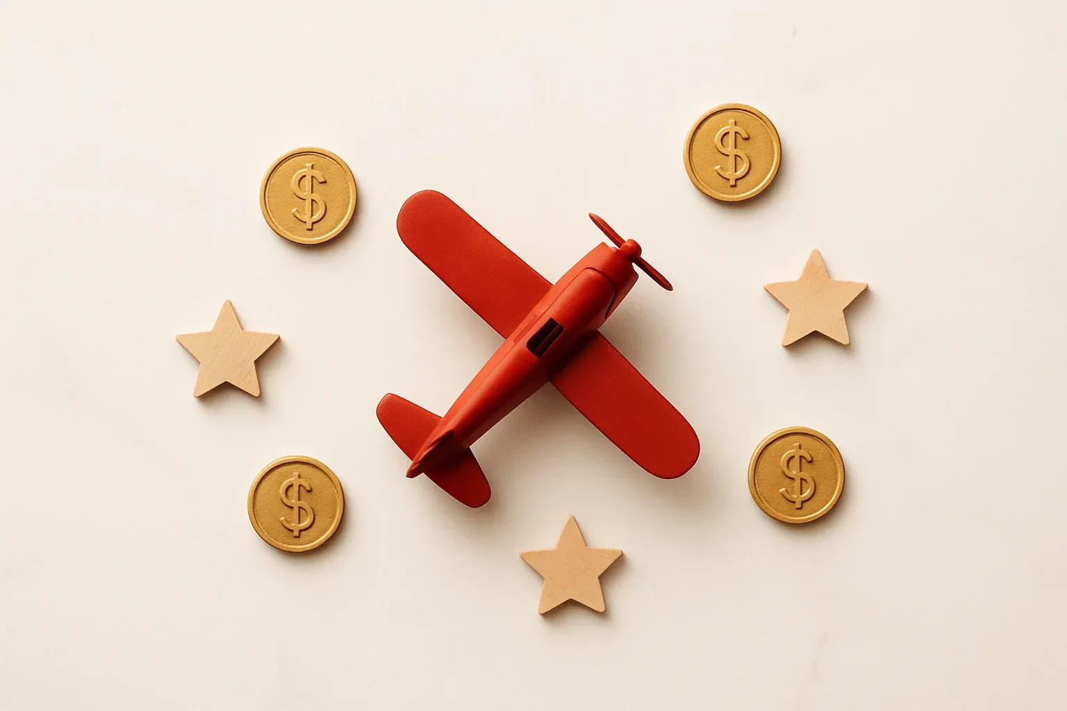 Red Airplane Tokens Miniature red airplane model with gold coins and star tokens on marble