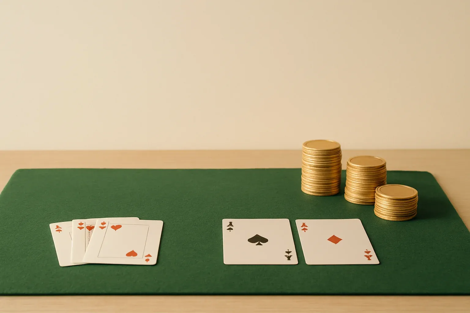 Clean casino table close-up with green felt, cards, and gold chips