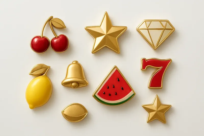 Assorted casino slot icons with fruit, diamonds, lucky sevens, and stars